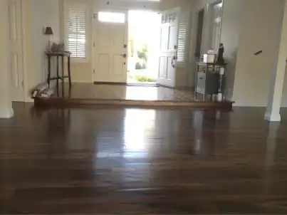 Hardwood floor sanding and refinishing with custom stain in a Newport Beach, California home.